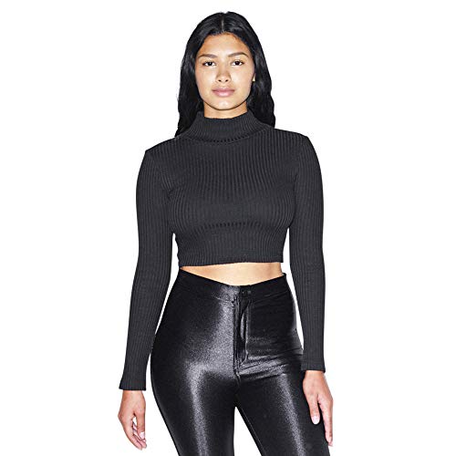 American Apparel Women Thick Rib Long Sleeve Crop Turtleneck, Black, Medium