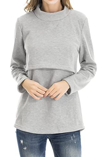 Smallshow Women's Fleece Nursing Tops Shirts Long Sleeve Breastfeeding Clothes Medium Light Grey