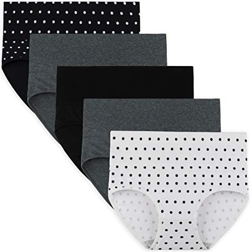 INNERSY Women's High Waisted Underwear Cotton Panties Regular & Plus Size 5-Pack(2XL,Solid Colors and Polka Dot)