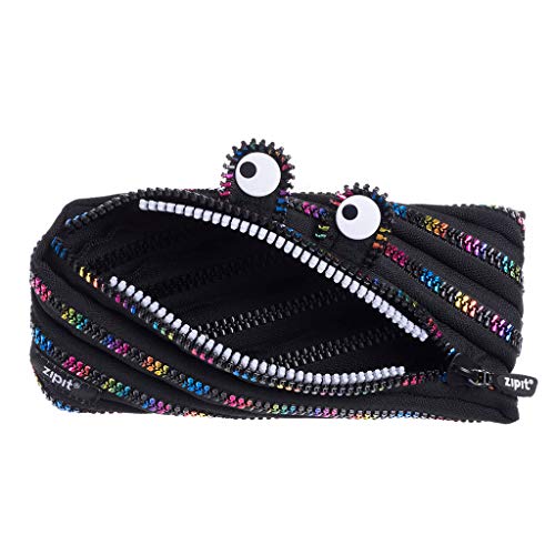 ZIPIT Monster Pencil Case for Kids; Pencil Pouch for School, College and Office; Pencil Bag for Boys & Girls (Black & Rainbow)