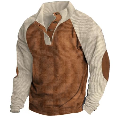 BAJAC Mens Corduroy Shirt Lapel Collar Button Up Pullover Mock Neck Long Sleeve Sweaters Polo Sweatshirts with Elbow Patches(E#Coffee,3X-Large)