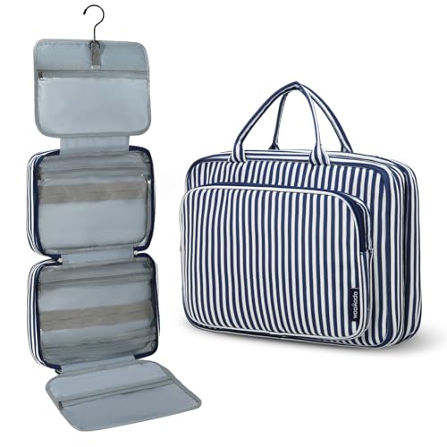 WOOMADA Toiletry Bag with Hanging Hook, Canvas Travel Toiletry Bag, Large Travel Makeup Bag, Cosmetic Organizer for Brushes Set, Shampoo, Full Sized Container for Women（Navy Blue Stripe）