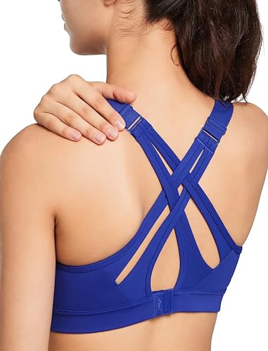 Yvette Sports Bra High Impact Adjustable Criss Cross Back, Full Support for Large Bust No Bounce, Royal Blue