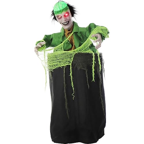 Haunted Hill Farm Animatronic Thrashing Zombie in a Barrel with Light-Up Brain and Eyes for Battery Operated Scary Indoor or Covered Outdoor Halloween Decoration
