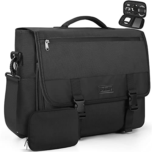 Messenger Bag for Men 15.6 Inch Waterproof Laptop Briefcase Large Satchel Shoulder Bag Work Office College Computer Laptop Bag Lightweight Crossbody Handbag Cable Organize Bag Set 2pcs, Black