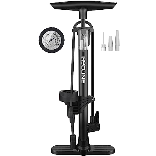 Hycline Bike Pump with Gauge: Portable Floor Bicycle Tire Pump - 160 PSI High Pressure Air Pumps with Presta and Schrader Valve for Road Mountain Bike Tires, Balls, Balloons, Inflatables (Black)