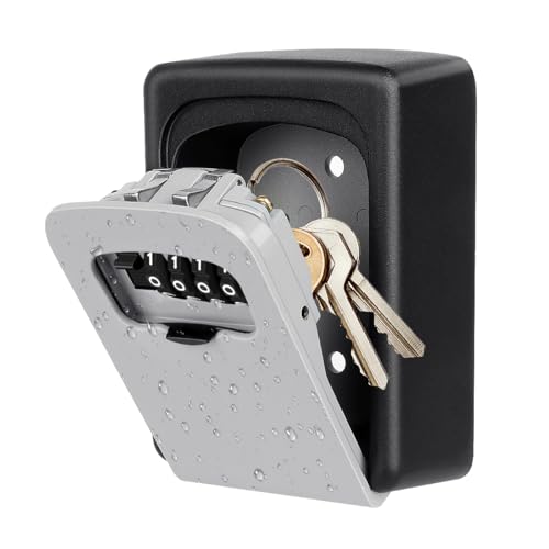 Key Lock Box Wall Mounted, Fayleeko 4 Digit Combination Lockbox for Outside, House Keys - 5 Keys Capacity, Key Safe Security Storage Lock Box for Indoor, Outdoor, Garage, Garden, Store (Grey,1Pack)