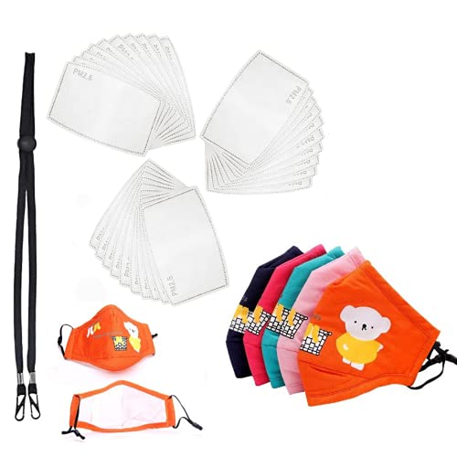 5 Pack|With 30 Filters|1 Lanyard|Bear Adjustable Cloth Kids Face Mask Reusable with Filters|Washable Breathable Cotton|Mouth Cover with Adjustable Meta Nose Bridge|Filter Pocket by SOL LIBRA
