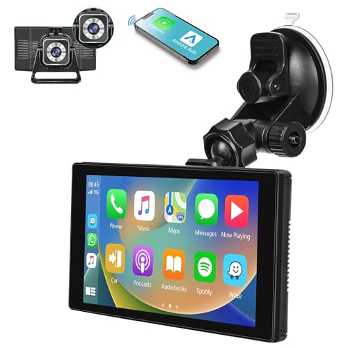 Wireless Apple Carplay & Android Auto with 4K Dash Cam, 5' Portable Touch Screen Apple Play for Car, Bluetooth AUX/FM Transmitter, Driving Recorder, Voice Control Car Stereo Receivers