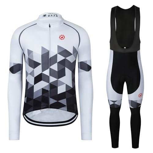 GCRFL Winter Cycling Jersey Sets Thermal Fleece Bike Jersey + Bib Pants, Long Sleeve Cycling Clothing Sets for Man (White Grey, L)