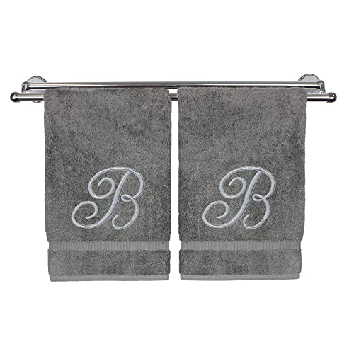 Monogrammed Hand Towel, Personalized Gift, 16 x 30 Inches - Set of 2 - Silver Embroidered Towel - Extra Absorbent 100% Turkish Cotton- Soft Terry Finish - for Bathroom, Kitchen and Spa- Script B Gray