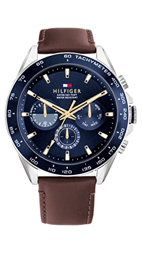 Tommy Hilfiger Men's Stainless Steel Quartz Watch with Leather Strap,Blue Dial
