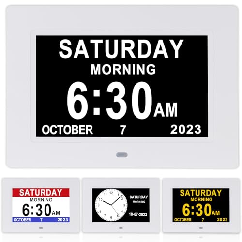 SSINI Digital Calendar Alarm Day Clock Large Display Clock with Day and Date for Elderly,Dementia Alzheimers Clock -3 Colors Display 12 Alarms(7 inch)