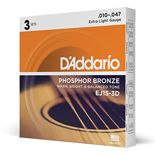 D'Addario Guitar Strings - Phosphor Bronze Acoustic Guitar Strings - EJ15-3D - Rich, Full Tonal Spectrum - For 6 String Guitars - 10-47 Extra Light, 3-Pack