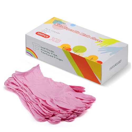 Kids Gloves Disposable, Nitrile Gloves for 4-10 Years - Latex Free, Food Grade, Powder Free - for Crafting, Painting, Gardening, Cooking, Cleaning - 100 PCS Rose Red