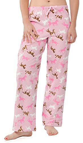 Leisureland Women's Pure Cotton Flannel Pajama Sleep Lounge Pants Horse Pink (Large)