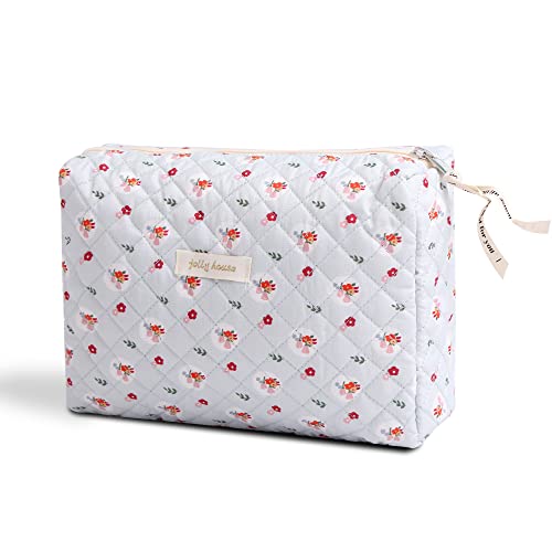 Dalulu Cute Makeup Bag Large Cosmetic Bag Aesthetic Floral Makeup Pouch Travel Toiletry Bags Make up Case Organizer for Women Girls Kawaii Stuff (Blue - Flower)