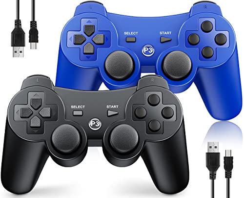OKHAHA Controller 2 Pack for PS3 Wireless Controller for Sony Playstation 3, Double Shock 3, Bluetooth, Rechargeable, Motion Sensor, Remote for PS3 (No Stripes(Black + Blue))
