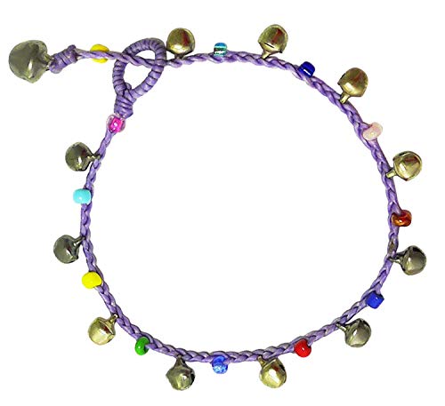 Bijoux de Ja Handmade Varicolored Glass Bead Bells Purple Cord Anklet Bracelet 10 Inches (AkSP08)