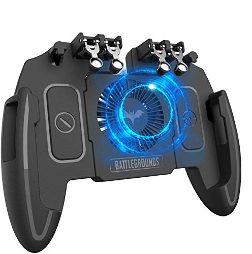 popman Mobile Game Controller with Cooling Fan 4 Trigger for PUBG/Call of Duty/Fotnite [6 Finger Operation] L1R1 L2R2 Gaming Grip Gamepad Mobile Controller Trigger for 4.7-6.5' iOS Android Phone