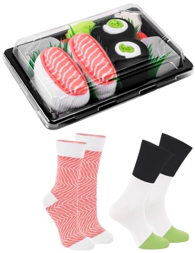 Rainbow Socks - Men's Women's - Sushi Socks Box Salmon Cucumber Maki - 2 Pairs L
