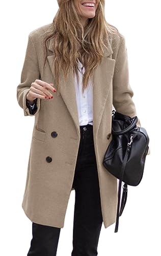 Zwurew Wool Coats for Women Double Breasted Winter Coats Khaki Long Coats for Women Casual Trench Coats Pea coat