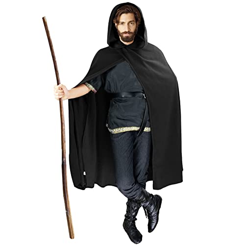 Renaissance Hooded Cape Black Vintage Cloak Medieval Cloak with Hood Halloween Medieval Cosplay Cloak (Black)