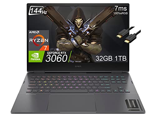 HP OMEN 16 16.1' FHD 144Hz Gaming Laptop (AMD 8-Core Ryzen 7 6800H (Beat i9-11900H), 32G DDR5 RAM, 1TB SSD, Geforce RTX 3060 6GB) RGB Backlit, WiFi 6E, 7ms, HDMI Cable, Win11 Home