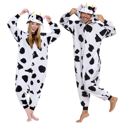 Funziez! Adult Onesie Halloween Costume - Animal and Sea Creature - Plush One Piece Cosplay Suit for Adults, Women and Men Cow