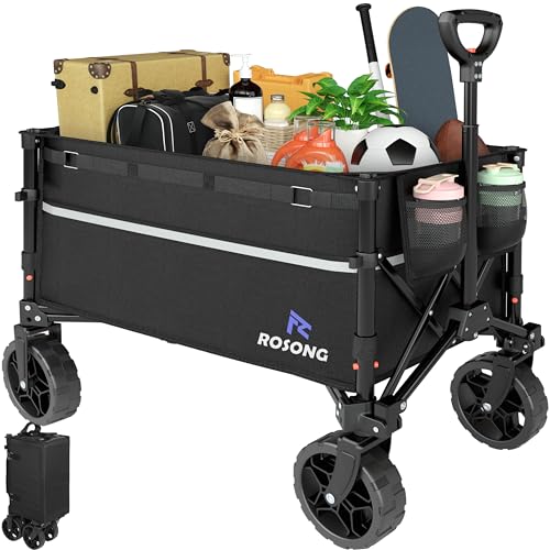 Collapsible Wagon Cart with Wheels Foldable - Folding Utility Heavy Duty Wagons Carts for Grocery Sports Garden Shopping Camping Wheelbarrows ROSONG