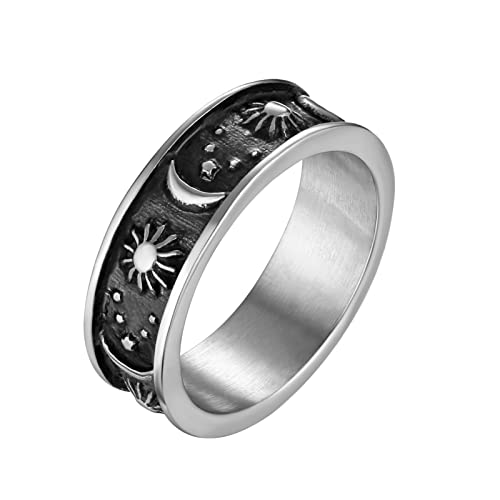 HZMAN 8mm Moon Star Sun Statement Ring Stainless Steel Boho Jewelry for Women Men (Silver, 10)