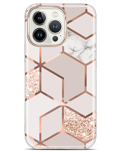 JAHOLAN Designed Case for iPhone 15 Pro Sparkle Glitter Plating Marble Protective Shockproof Slim Drop Protection Hard Back Cover Phone Case for Girls Women 6.1' 2023 Rose Gold
