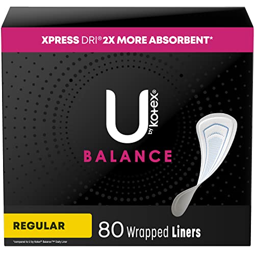 U by Kotex Balance Wrapped Panty Liners, Regular Length, 80 Count (Packaging May Vary)