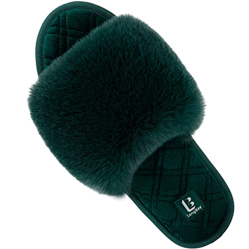 LongBay Women's Fuzzy Faux Fur Memory Foam Cozy Flat Spa Slide Slippers Comfy Open Toe Slip On House Shoes Sandals (X-Large /11-12, Green)