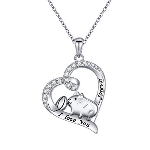 925 Sterling Silver Cute Pet Animal I Love You Forever Gerbil Chinchilla Guinea Pig Hamster Heart Pendant Necklace Birthday Gift for Women Girls Daughter, 18 inch