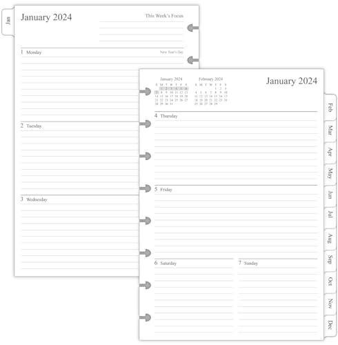 2024 Weekly & Monthly Planner Refill for 8 Discbound Planners, Two Pages Per Week, Junior Size, 5-1/2'x8-1/2'
