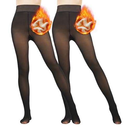 Caprilite 2 Pairs Women Fleece Lined Tights-Fake Translucent Leggings High Waist Pantyhose Sheer Thick Warm Tights For Women
