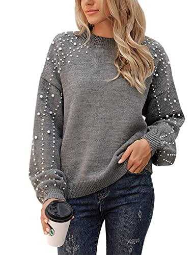 Blooming Jelly Women's Chunky Sweater Crewneck Sweatshirt Knit Lantern Sleeve Oversized Pullover Sweater with Pearls(Small,Grey)