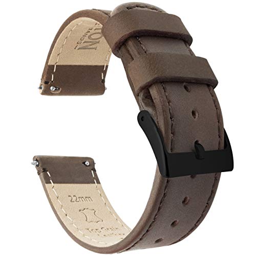 BARTON WATCH BANDS Quick Release Top Grain Leather Watch Band Strap, Saddle Leather/Saddle Stitching (Black Buckle), 22mm