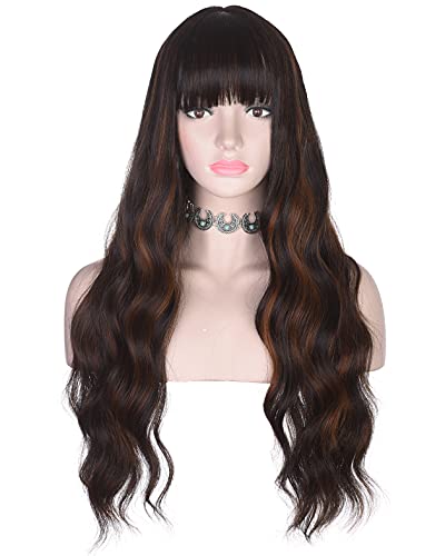 AMZCOS Long Wavy Mix Brown Highlights Wig with Bangs for Women | Heat Resistant Synthetic Hair Wigs for Daily Use(Mix Brown)