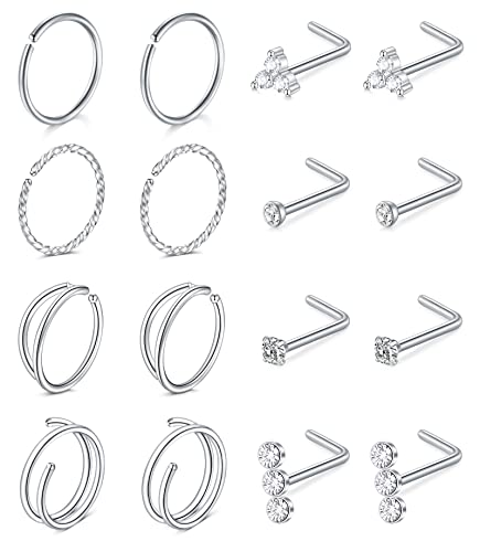 MODRSA Nose Rings Nose Rings Hoops Nose Ring Surgical Steel Nose Piercings Jewelry Double Hoop Nose Rings for Women Silver Nose Rings 20 gauge