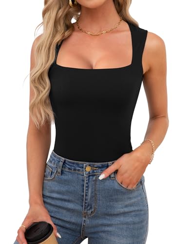OwnTime Womens Square Neck Tank Tops Dressy Summer Sleeveless Shirts Sexy Going Out Fitted Trendy Tops T Shirts Blouses Black M