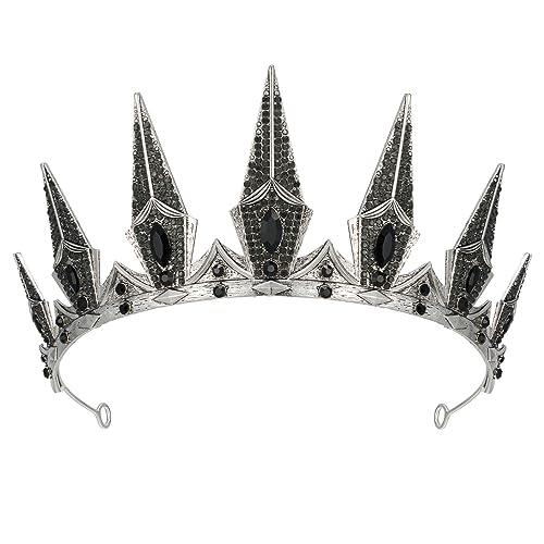 SWEETV Gothic Crowns for Women Black Tiara Queen Crown Witch Hair Accessories for Costume Halloween Prom Party, Silver