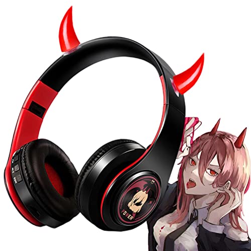 Anime Chainsaw Man Power Earphone Foldable Gaming Headset Blood Demon Wireless Premium Noise Canceling Overhead Gaming Headphones with Mic for Phone-Call and Voice Control (Power+Devil's Ear)