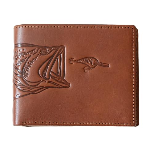 Solidstrike Gear Fisherman’s Bifold Wallet - Genuine Leather - Bass Fishing Themed Unique Gift for Men Boys Dad Grandpa Boyfriend Him - Slim & RFID Blocking