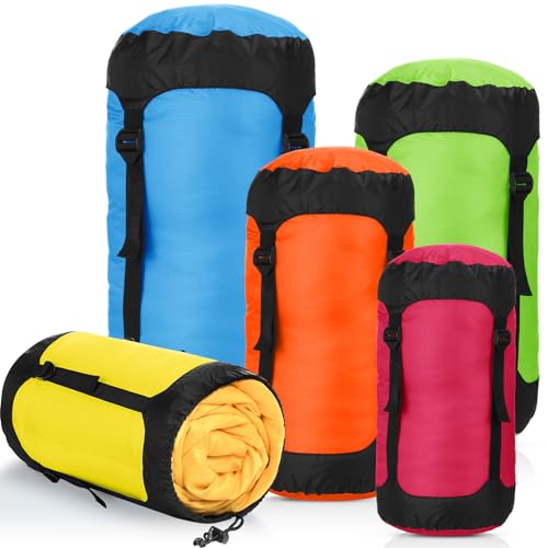 GliCraft 5 Pcs Compression Sacks for Backpacking 5L/10L/15L/20L/35L Camping Sleeping Bag Stuff Sack Water Resistant Sleeping Bag Storage Sack for Space Saving Hiking Gear (Bright Colors)