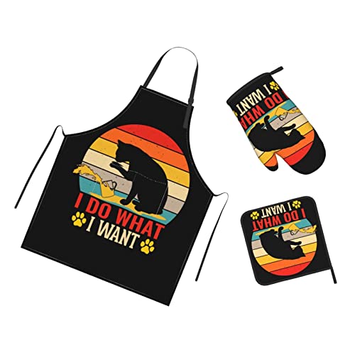 Oplp Funny Cat Pet Lovers 3 Piece Kitchen Gift Set Waterproof Apron with Oven Mitt and Pot Holder I Do What I Want Cooking Adjustable Apron Microwave Glove Potholder