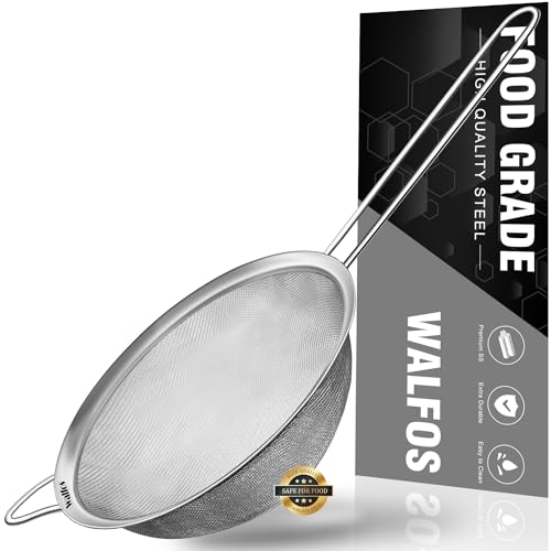Walfos 6.3 Inch Fine Mesh Strainer, Premium Stainless Steel Sieve and Sifter with Handle, Kitchen Metal Strainers for Rice, Quinoa, Fruits, Noodles, Flour