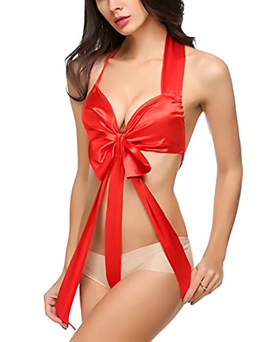 EVAbaby Women Satin Bow Teddy Babydoll Ribbon Big Bowknot Red Lingerie Chemises Nightwear