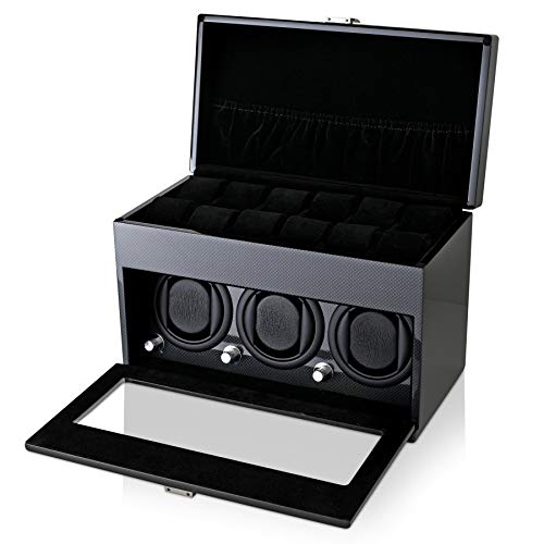 Watch Winder and Storage box for winding 3 Automatic Watches and 12 Watch Storage Space (Carbon + Black)